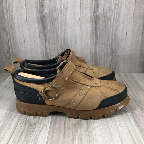 Polo Sport Ralph Lauren Shoes Mens 10D Tan Leather Zip Hook and Loop Shoes - Picture 1 of 12